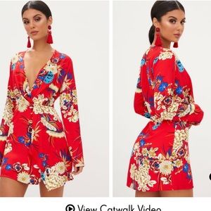 Red Floral Long Sleeve Wrap Dress